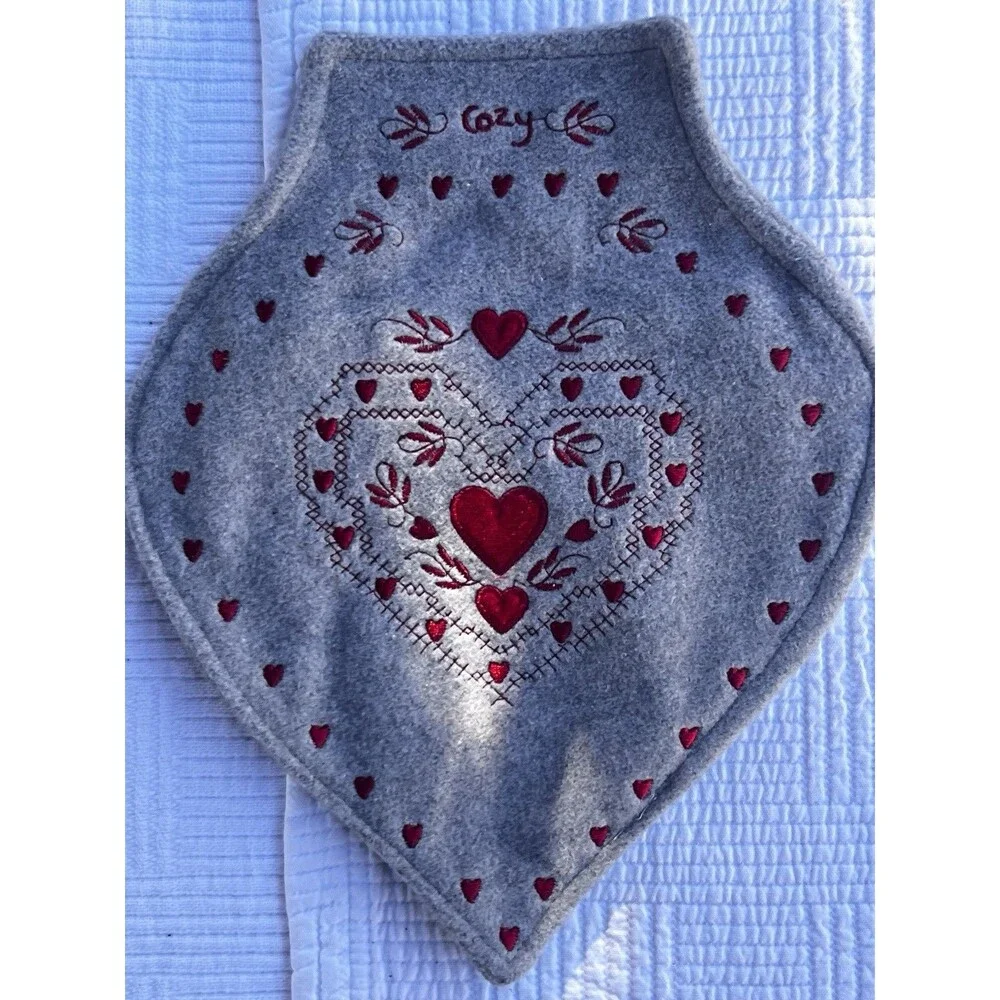 Victorian Trading Co Grey Embroidered Heart Hot Water Bottle Cover ONLY Folk Art